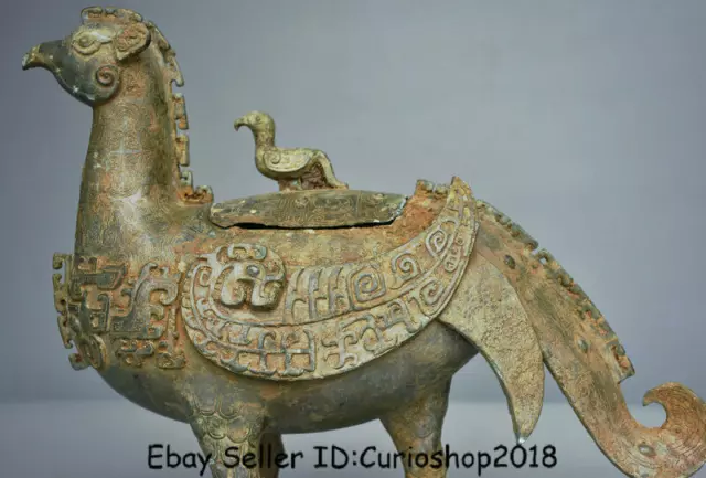 12.8" Old Chinese Bronze Ware Dynasty Phoenix Birds Zun Lids Jar drinking vessel 3