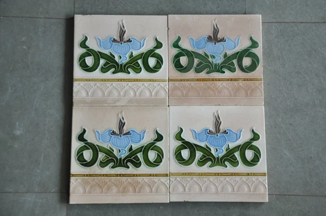 4 Pc Vintage Majolica Decorative Flower Art Nouveau Architecture Tiles,Japan