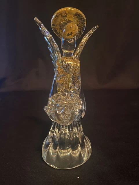 Vintage Murano Clear Art Glass Angel Gold Fleck 6" Candle Holder Figurine