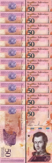 Venezuela 50 Bolivares Soberano 15-1- 2018, UNC, 10 Pcs LOT, Consecutive, P-105a