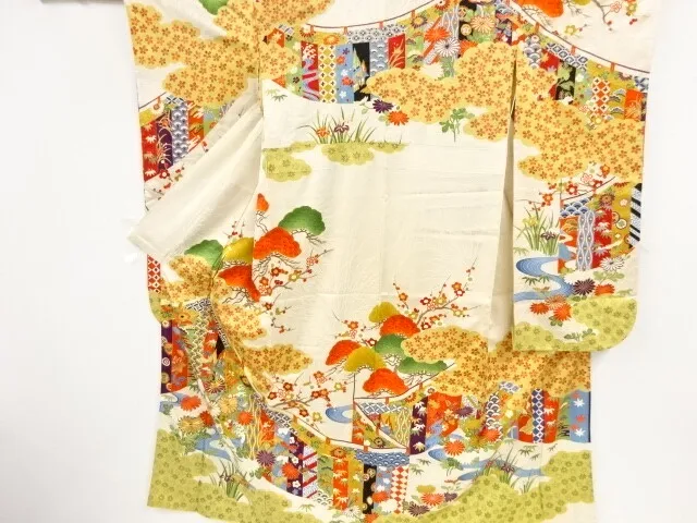 81907# Japanese Kimono / Antique Furisode / Embroidery / Pine With Kiku & Um