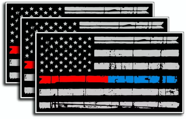 3 Thin Blue Red Line Subdued Tattered American Flag decal sticker Police Officer