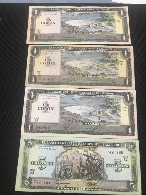 4 Salvadoran banknotes 3 of 1 colon 1977-1979-1982 5 colones 1990