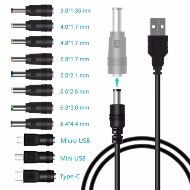 11X USB to 5.5 mm/2.1 mm 3.5mm/1.35mm 5V DC Barrel Jack Plug Charging Power Cord 2