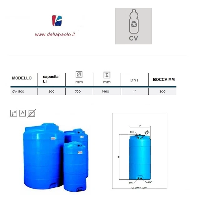 Serbatoio Per Acqua Potabile In Polietilene 500 Litri - Diametro 100cm, Altezza 110cm - Con Coperchio Antivento - 6