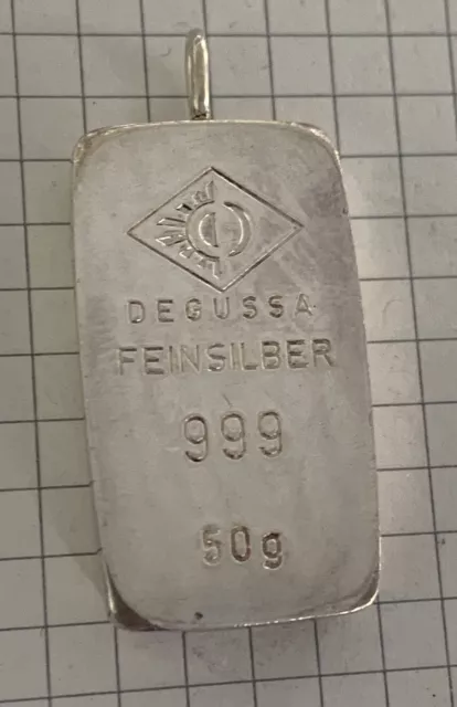 Degussa Silberbarren 50 Gramm Feinsilber 999 Sargform geöst als Anhänger, Kette