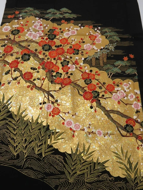4D01z100 Japanese Kimono Silk  FABRIC Black Plum branch 44.1"