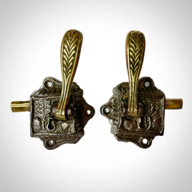 Antique Ornate Ice Box Latches PAIR Victorian Cast Iron Brass Cabinet Latch VTG