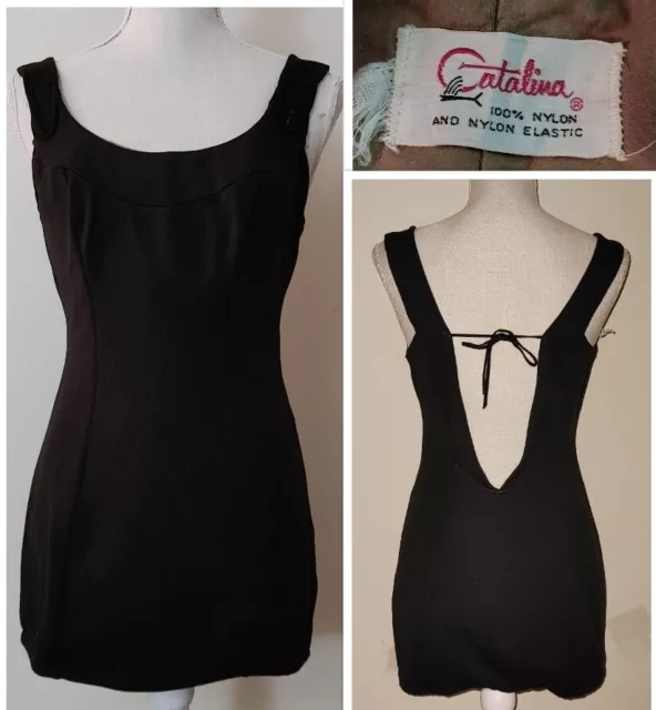 Vintage 1950s Catalina Black Pin Up Swimsuit Bathing Suit Skirted M/L Open Back
