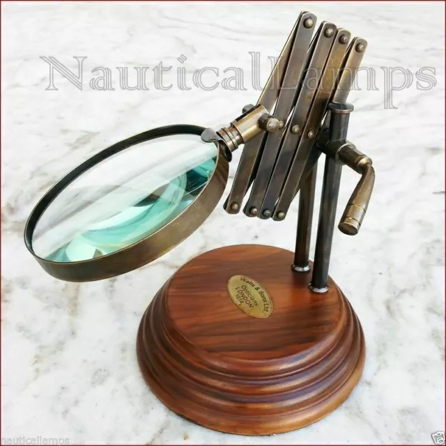 Vintage Style Brass Desk Top Chainner Magnifying Glass Magnifier W/ Wooden Base