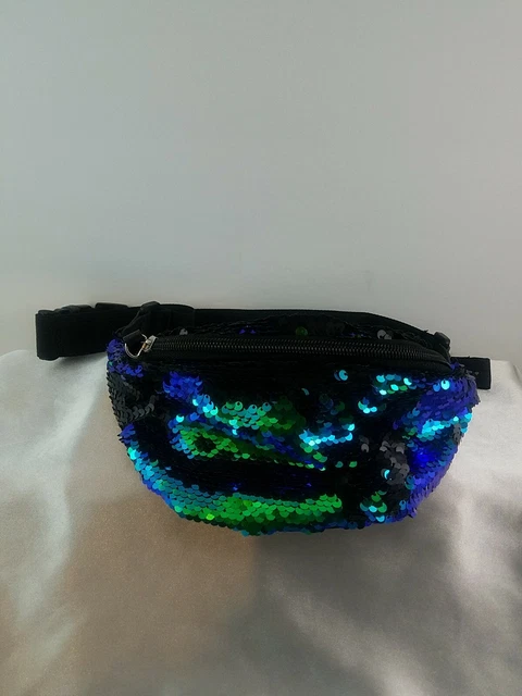 Fanny Pack Waist Belt Bag Black with Flip Sequins Shiny Blue & Green Hot Topic