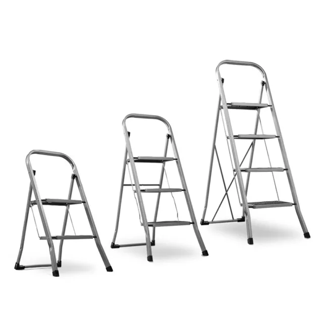 Folding 2 3 4 Step Ladder Safety Non Slip Mat Tread Small Steel Stool Ladders