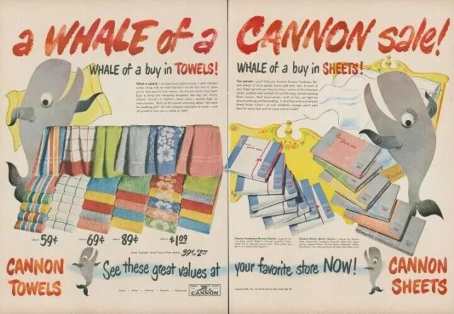 1950 Cannon Towels Sheets Whale Of Sale Cartoon Whales Water Vintage Print Ad L7