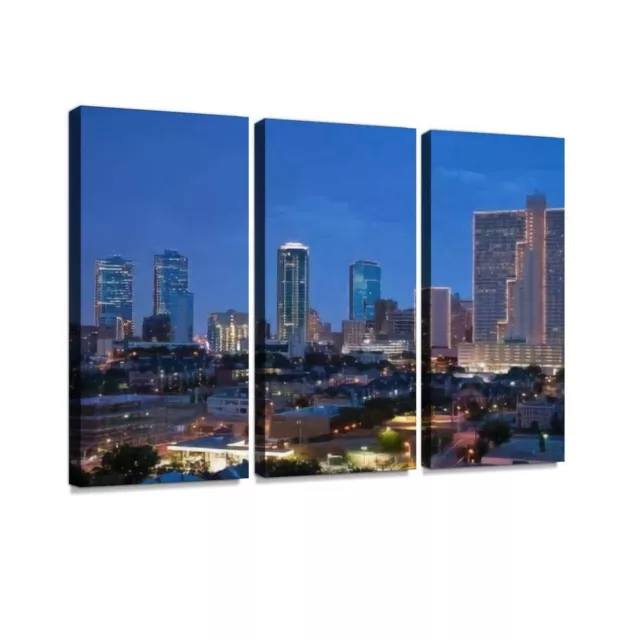 Skyline of Fort Worth Texas at Night Stock Photo Print On Canvas Wall Artwork...