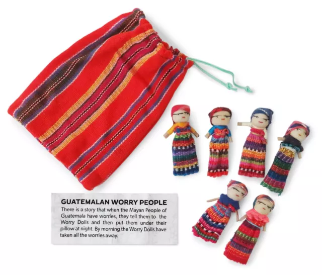 6 Large Guatemalan Worry Dolls in multicolour bag, for anxiety - Fair trade