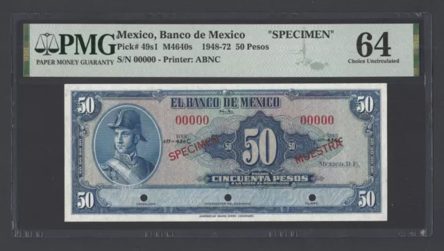 Mexico 50 Pesos 1948-72 P49s1 Specimen Uncirculated Grade 64