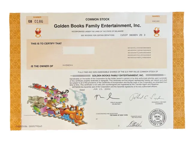 Golden Books Family Entertainment stock certificate 2002 colorful train, animals