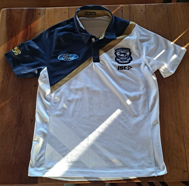 GEELONG CATS AFL Mens Polo Shirt ISC Ford White Gold Blue Size Large