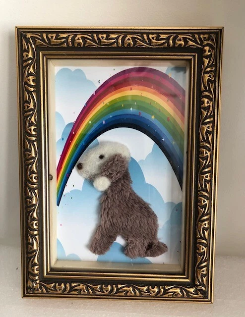 Liver Bedlington Terrier Dog / Rainbow Part Needle Felted In Shadow Box Frame