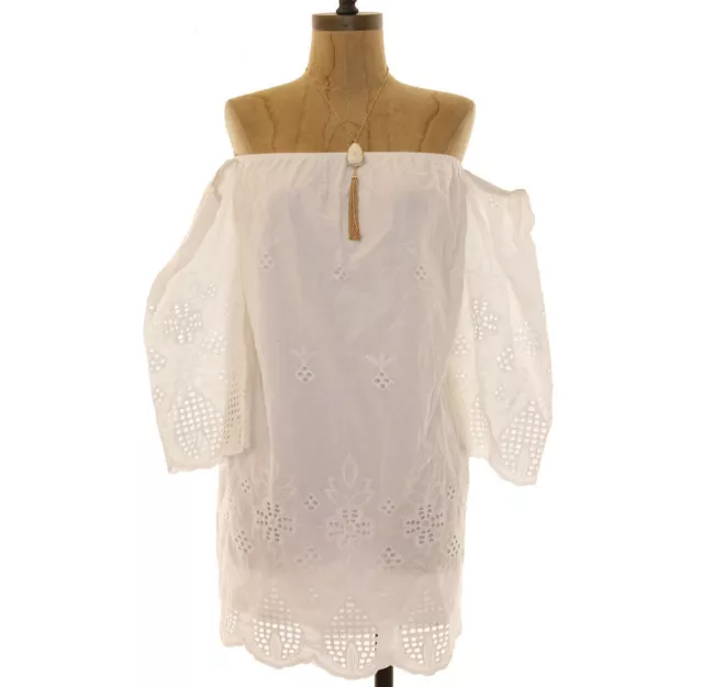 Dee Elle For Sienna Shift Dress XS Off The Shoulder Eyelet Cotton White EUC  B93