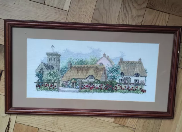 Vintage Embroidery Picture Tapestry Needlework Framed English Cottage Village