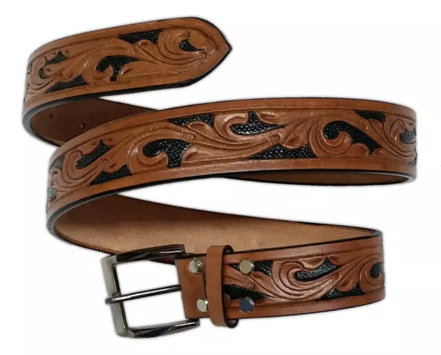 Cowboy Tooled Western Genuine Leather Unisex Belt Floral Carved Belts Painted