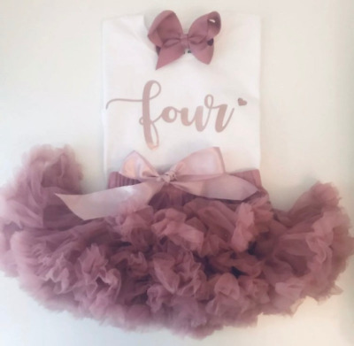 Kids Girls Fourth 4th Birthday Outfit Tutu Set Four T-Shirt Party Top Rose Gold