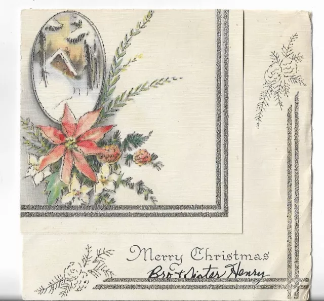 Used Vtg CHRISTMAS CARD-apx 4.5x4.5 Cabin Scene w/Red Poinsettia Raised Silver