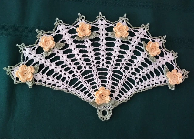 Hand-Crocheted Fan Doily New Great Gift Idea White With Yellow Roses 13"X8"