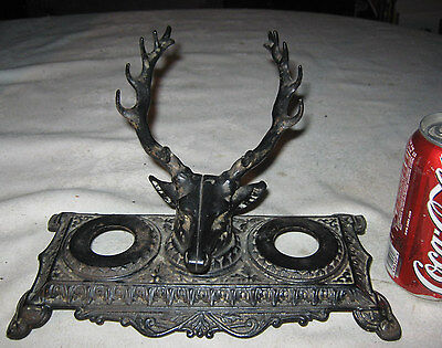Bradley Hubbard Victorian Antique Cast Iron Stag Deer Antler Pen Inkwell Tray
