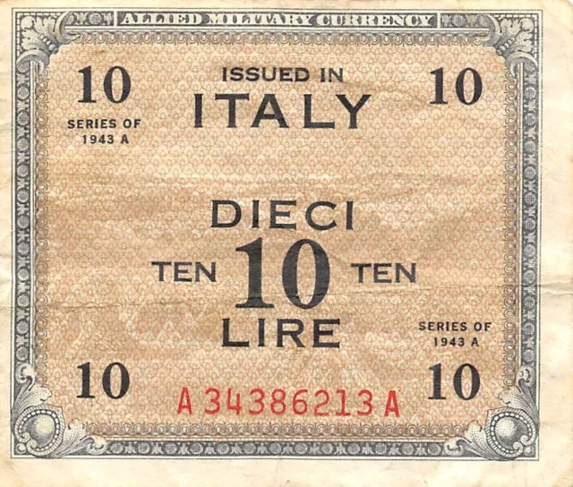 Italy  10  Lire  Series of 1943 A  Block  A-A  WW II  Circulated Banknote Q70