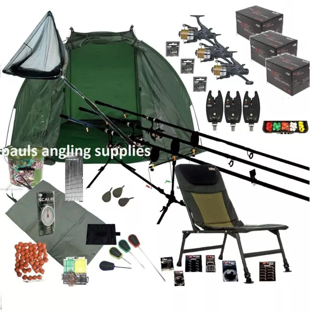 2 ROD CARP Fishing Set Up Kit Rods Reels Chair net shelter TACKLE