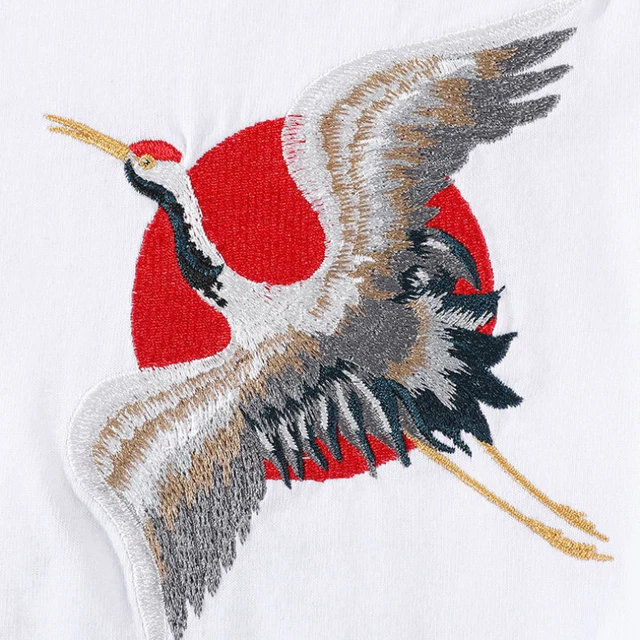 Uomo Maniche Corte Top Cinese Stile Etnico Crane Ricamo Camicetta T-Shirt