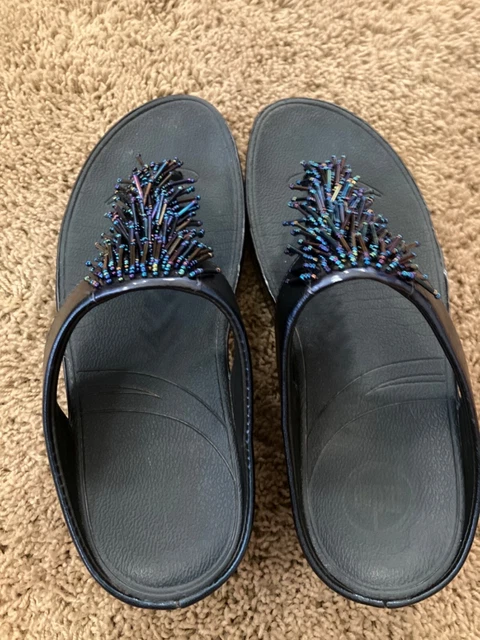 Fitflop Blue Beaded Wedge Thong Slip On Black Leather ChaCha Sz39/85