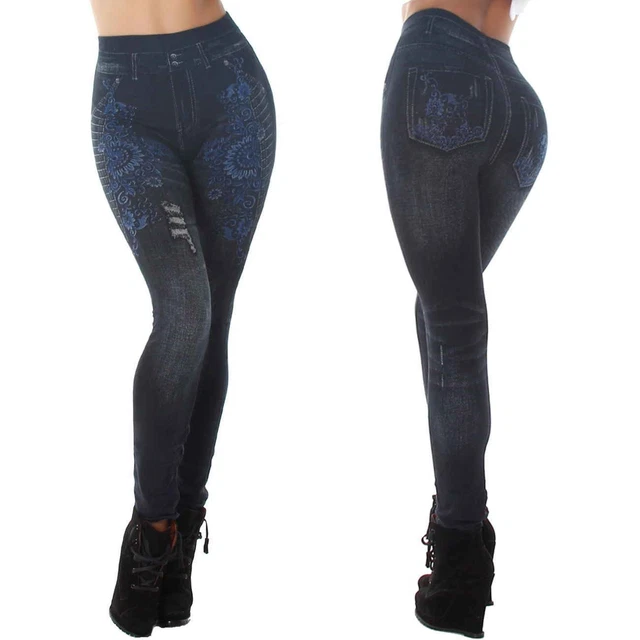 Femmes Jeggings Haute Couleur Aspect Jean Fleurs Sexy Stretch Imprimé 36-38 S M