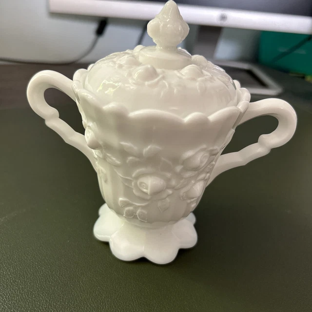Fenton White Milk Glass Covered Handled Sugar Bowl w/ Embossed Roses Design