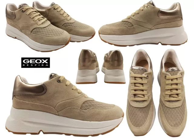 Chaussures pour Femme GEOX Baskets Platform Basses Sportif Respirant Lire Taupe