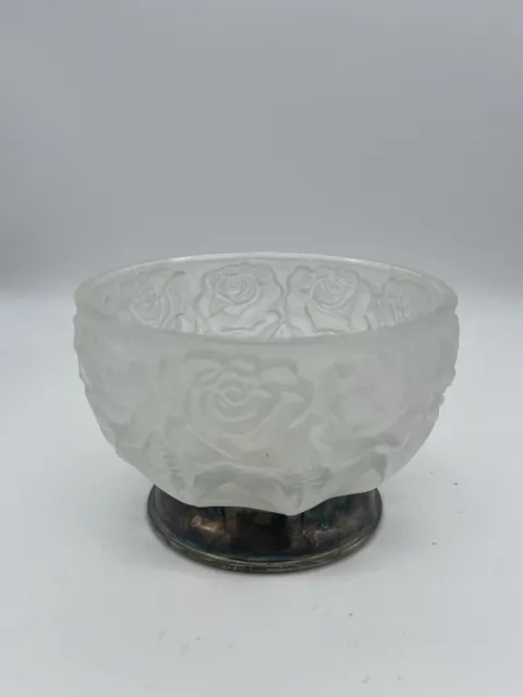 Vintage Crystal Rose Frosted Glass Bowl Quality Silver Plate Italy WA