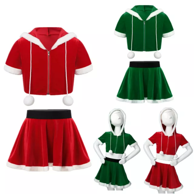 Kid Girls Christmas Clothes Hoodie Top Skirt Set Santa Party New Year Cosplay