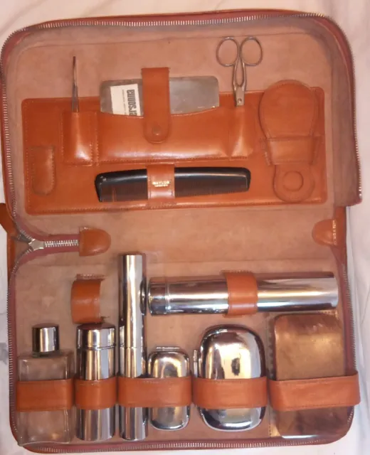 MAYLOR Vintage Mens Travel Shaving Grooming Kit in Chestnut Brown Leather Case