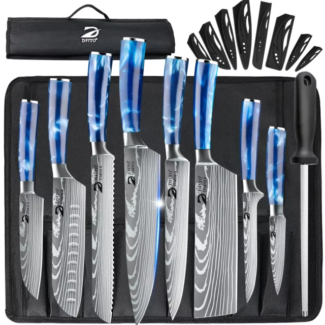 8Pcs Kitchen Knife Set Damascus Pattern Chef Knives With Bag Blue Resin Handle