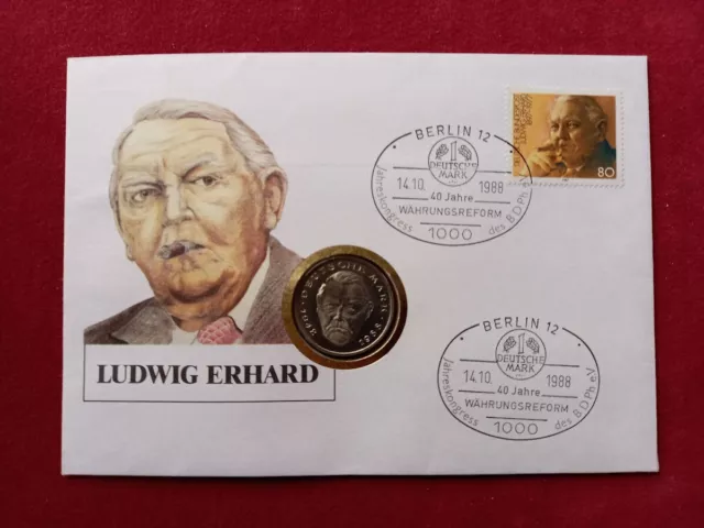 BRD Numisbrief 1988 mit 2 DM Münze Ludwig Erhard / 40 Jahre Währungsreform