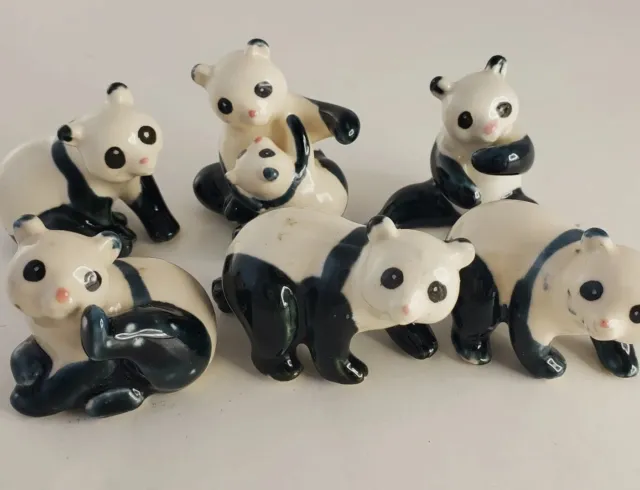 VTG Chinese 1940-50s  Porcelain Panda Figurines Playing Black White Lot of 6