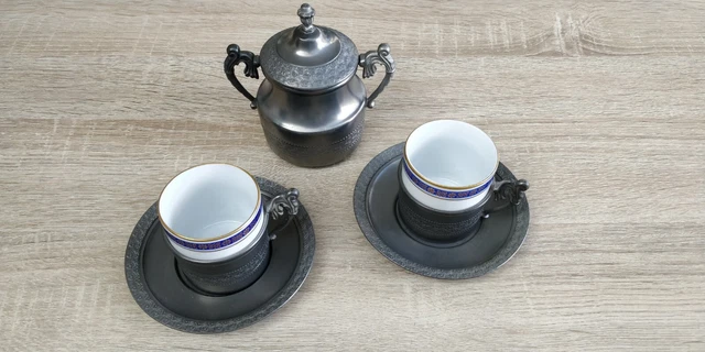 Service à café en étain et porcelaine Bavaria - 2 tasses + sucrier