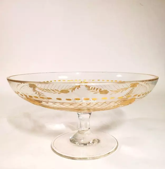 Bohemian Moser Type Intaglio Cut Gold Gilt Compote Elegant Swag