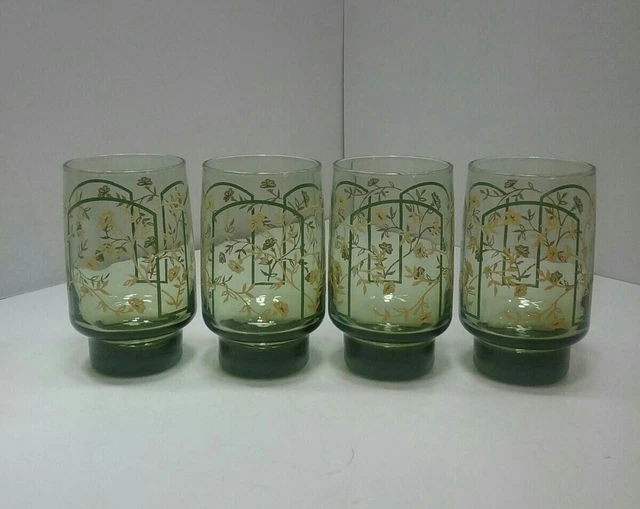 4 VINTAGE LIBBEY Drinking Glasses Tumblers Green w/Yellow Flowers 4.