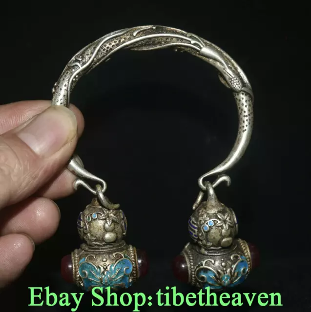 3.8" Old China Miao Silver inlay Gems Cloisonne Blessing Gourd Flower Bracelet