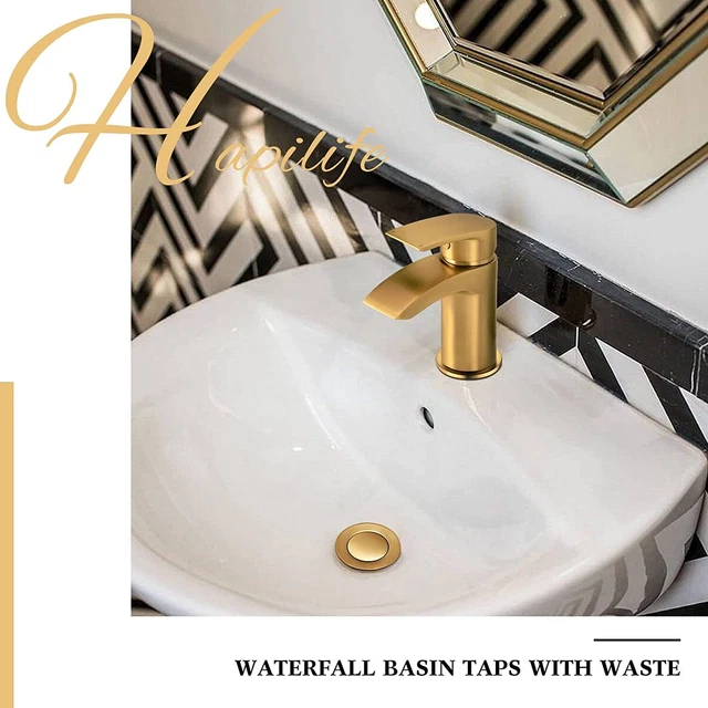 Hapilife Brushed Gold Basin Tap with Pop up Waste Hose & Fittings 2