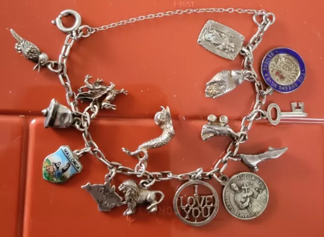 Silver Charm Bracelet 15 Charms St Gerard Pram Dragon Dolphin Love 7.25" 1970s