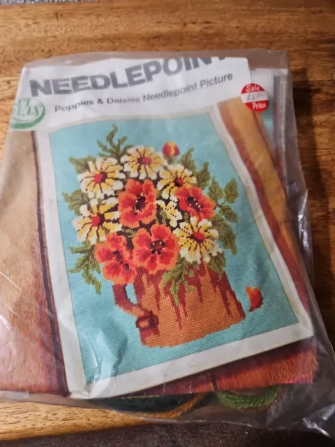 Vintage Needlepoint Canvas Kit Anci Crafts 7x9 Poppies Flowers Nos